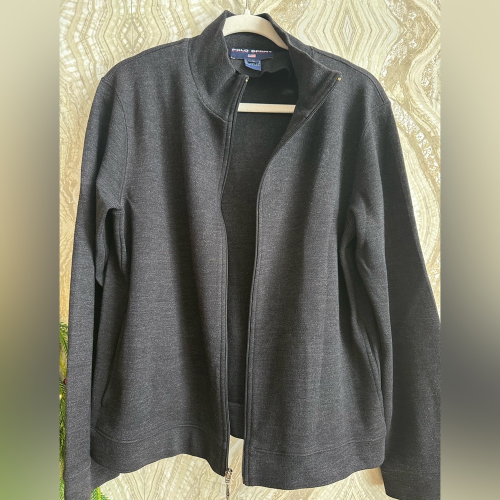 Vintage POLO SPORT RALPH LAUREN mens L 100% Wool zip Stretch Jacket Sweater Gray
